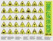 set of Sign hazard safety symbols (general warning, laser radiation, bio hazard, hot surface,entrapment risk,flammable materials,explosion risk,toxic, corrosive, overhead crane,fork lift, high volt)