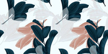 Seamless Pattern, Hand Drawn Dark Green, Brown And White Guava Leaf On Sprig On Grey Background