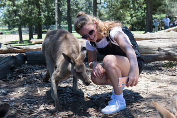 Young woman takes selfie with kangaroo