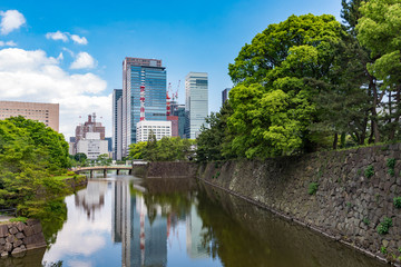 City landscape with blue sky background , Concept Person, Nature and Building construction.