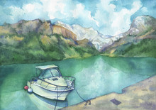 Landscape. Mountain Lake With Boat. Fishing Yacht Wait On The Shore. Watercolor Hand Drawn Painting Illustration Isolated On A White Background. 