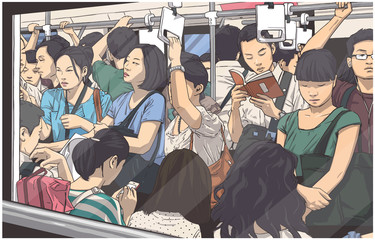 Illustration of crowded metro, subway cart in rush hour