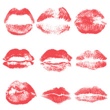Female Kiss Shape Lips Illustration Set. Woman Sexy Mouth Stain Isolated On White Background. Handmade Facial Expression And Red Lipstick. Vector.