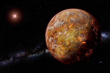alien lava planet with moons lit by a bright star and the milky way galaxy