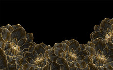 Stylish Background With Gold Flowers Dahlias Drawn By Hand.