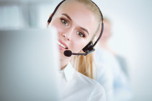 Attractive Positive Young Businesspeople And Colleagues In A Call Center Office. Businesspeople