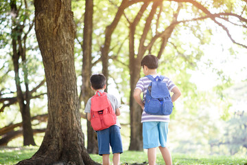 Two boy walking in a forest