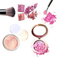 Set of make up cosmetic powder. Brush make up product.