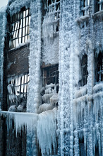 Close-up Of A Vintage Chicago Industrial Warehouse Factory Turned Into An Ice Palace After A Fire.