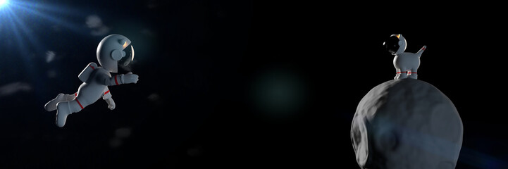 Wall Mural - floating cartoon astronaut character and a cute space dog on asteroid in white space suits