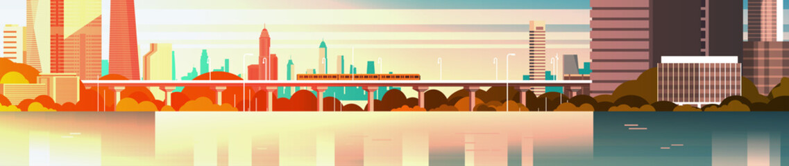 Wall Mural - City On Sunset Urban Panorama With High Skyscrapers And Subway Cityscape Over River Background Horizontal Banner Flat Vector Illustration