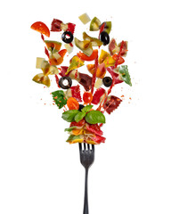 Wall Mural - Concept of flying food with fork and italian farfalle