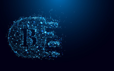 Poster - Abstract Bitcoin form lines and triangles, point connecting network on blue background. Illustration vector