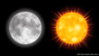 Vector realistic moon and sun with glow effect on dark background.