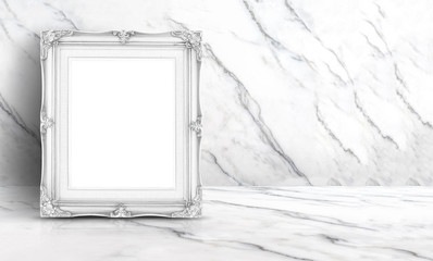 Wall Mural - Blank white vintage frame at white clean marble wall and floor background,Minimal simple style interior backdrop.mock up space for adding your text or design in banner.