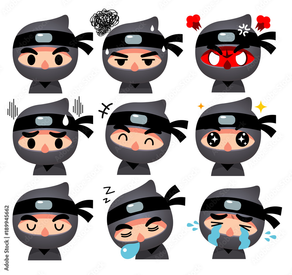 Vector set of ninja character in different expressions isolated on ...