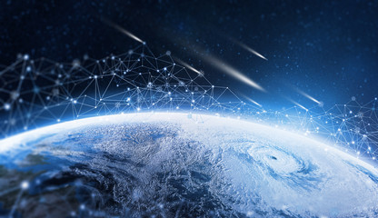 Fototapete - Blockchain technology. Global information network of the planet Earth. Protection and processing of digital data. Elements of this image furnished by NASA