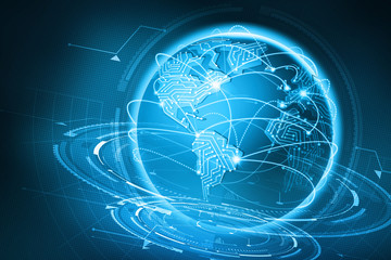 Poster - Global communication of the planet Earth. Data exchange via the Internet. Modern illustration of digital technology