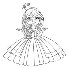 Sticker - Little princess in crown wearing in magnificent dress outlined isolated on a white background