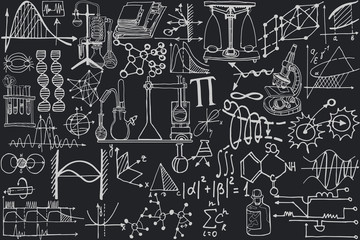 Wall Mural - vector seamless pattern with sketch elements related to science or education. physics or chemistry a