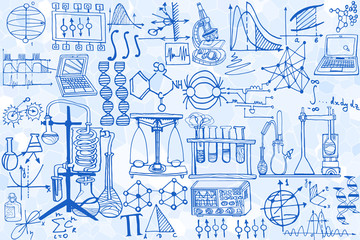 Wall Mural - vector seamless pattern with sketch elements related to science or education. physics or chemistry a