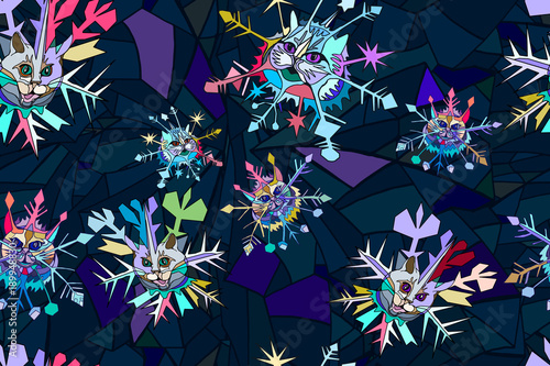 Fototapeta Vector seamless pattern. Christmas or New Year background with abstract funny cat head snowflakes on dark background. Hand drawn.