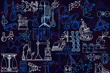 Wall Mural - vector seamless pattern with sketch elements related to science or education. physics or chemistry a