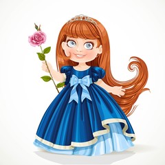 Sticker - Cute little princess with long brunette hair in tiara and dark blue dress isolated on white background