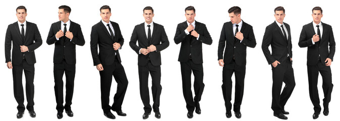 collage with young handsome man in elegant suit posing on white background