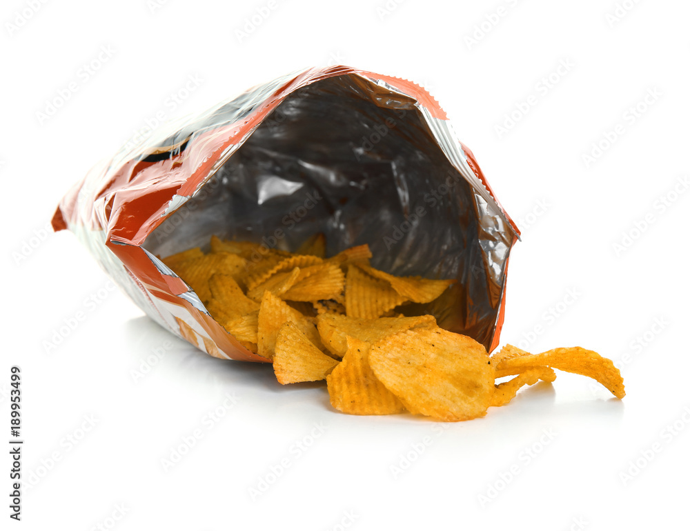Package with potato chips on white background