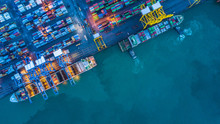 Aerial View Of Container Cargo Ship, Container Cargo Ship In Import Export Logistic, Logistics And Transportation Of International Bulk Container Cargo Ship Carrier Boat.