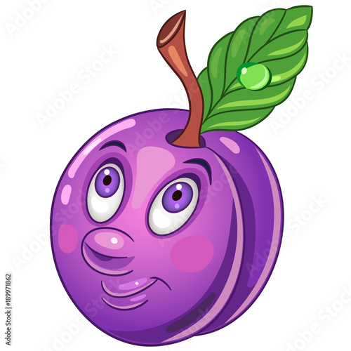 Cartoon Plum. Happy Fruit Emoticon. Smiley. Emoji. Eco Food symbol