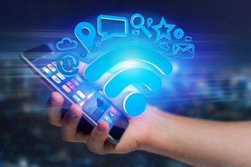 Wall Mural - wifi symbol connection surrounded by multimedia and internet application logo - 3d rendering