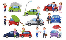 Car Crash And Accident Set, Car Insurance Cartoon Vector Illustration