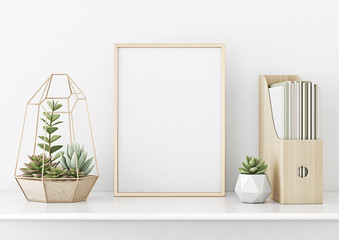 Aufkleber - Home interior poster mock up with horizontal gold metal frame and succulents on white wall background. 3D rendering.