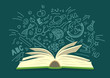 © N.Savranska - Open book with education, science hand drawn doodles on teal background. Education vector illustration.