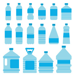 Sticker - Set of plastic bottles for water. Vector pictures in flat style