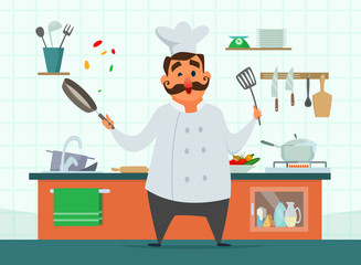 Poster - Chef cooking on the kitchen. Vector character in cartoon style