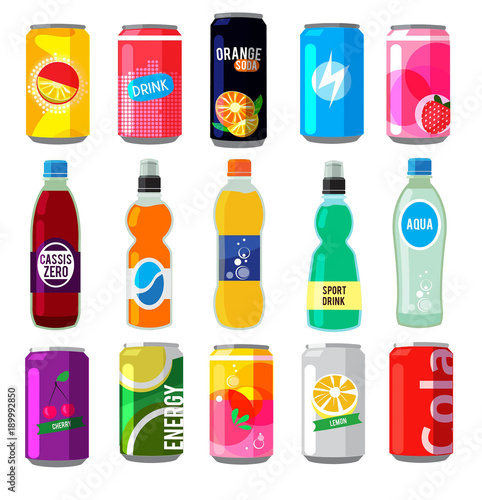 Fizzy drinks in glass bottles. Colored vector pictures Tableau sur Toile