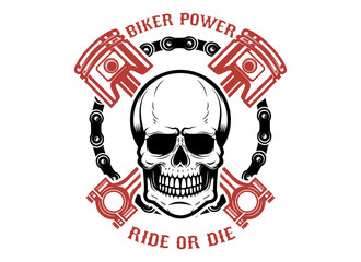 Canvas Print - Biker power, ride or die. Human skull with crossed pistons. Design element for logo, label, emblem, sign.