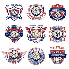 Wall Mural - Volleyball emblems on white background. Design element for logo, label, emblem, sign, badge.