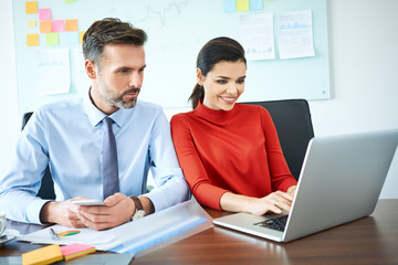 Wall Mural - Two businesspeople working with laptop in office