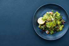 Salad Plate On Blue Background. Tasty Fresh Food. Balanced Nutrition