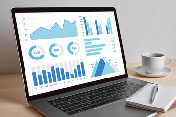 graphs and charts elements on modern laptop computer screen on wooden table. all screen content is d