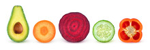 Isolated Vegetable Slices. Fresh Vegetables Cut In Half (avocado, Carrot, Beetroot, Cucumber, Bell Pepper) In A Row Isolated On White Background With Clipping Path