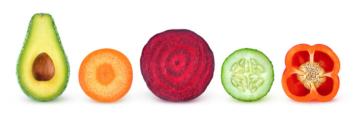 Fototapete - Isolated vegetable slices. Fresh vegetables cut in half (avocado, carrot, beetroot, cucumber, bell pepper) in a row isolated on white background with clipping path