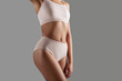 © Yakobchuk Olena - Close up of woman in underclothes demonstrating her well groomed thin figure. Copy space on right side. Isolated on background
