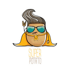 vector funny cartoon cute brown super hero potato with orange hero cape and hero mask isolated on white background. My name is potato vector concept. super vegetable food character