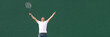 Tennis player man winning cheering celebrating victory in match point. Winner male athlete happy with arms up to the sky in celebration of success and win. Panoramic banner.
