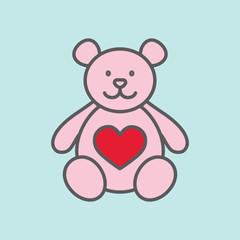 Wall Mural - teddy bear with heart color line flat icon on blue background